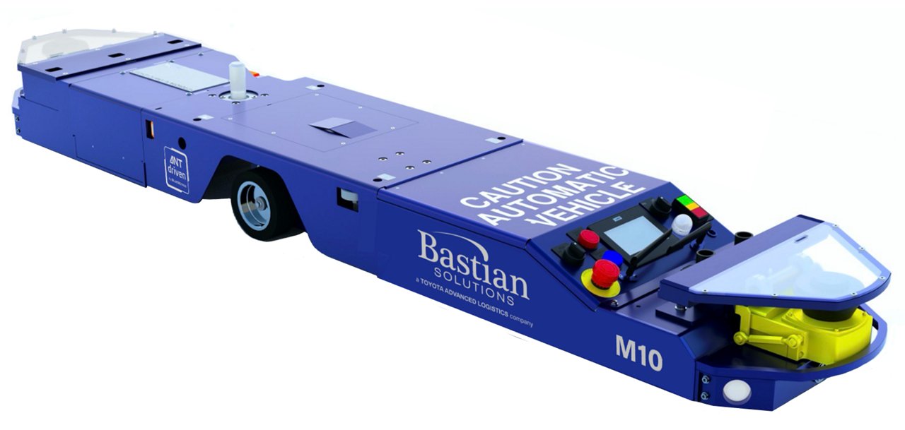 Véhicule autonome bleu utilisé pour transporter des charges à travers les entrepôts 