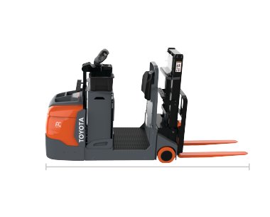 Image d’un chariot élévateur orange et gris et d’une barre grise sous l’image pour représenter la longueur du chariot élévateur de la pointe de la fourche jusqu’à l’extrémité de l’équipement