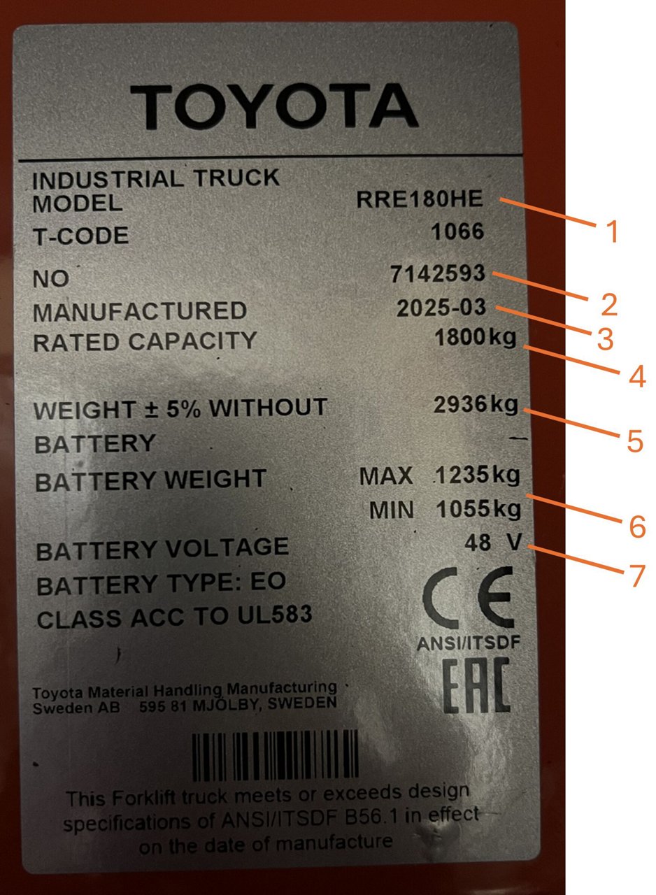 Example 2 of Moving Mast Reach Truck data plate that contains critical truck information 