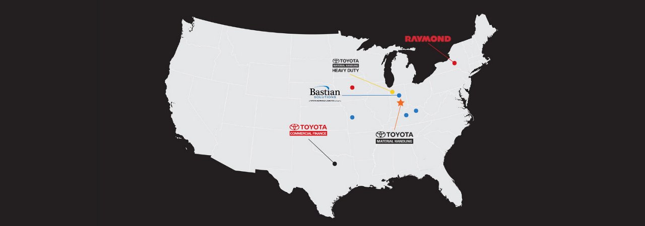 Mapa de Estados Unidos con las empresas hermanas de Toyota marcadas en función de su ubicación